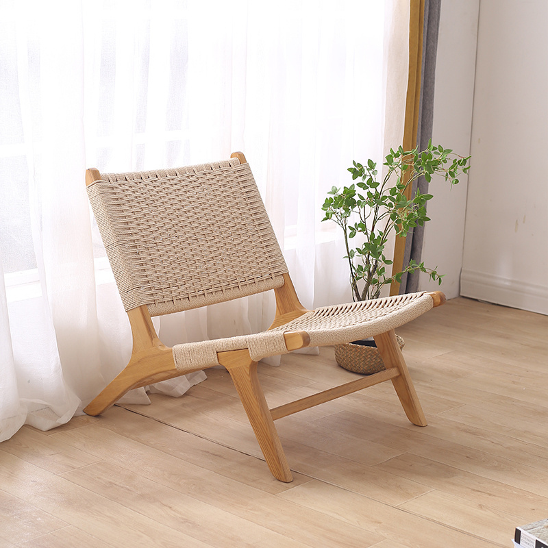 Design Comfortable Reclining Armchair Patio Lawn Garden Backyard Deck Wood Construction Woven Web Seat Natural Lazy Chair