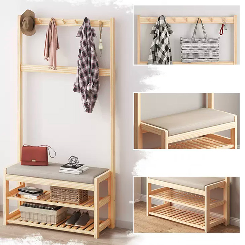 Eco-Friendly Hat Cloth Hanger Coat Rack Natural wooden Coat Hook Rack Wooden Coat Rack With Shoe Stand for Living Room