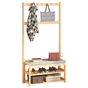 Eco-Friendly Hat Cloth Hanger Coat Rack Natural wooden Coat Hook Rack Wooden Coat Rack With Shoe Stand for Living Room