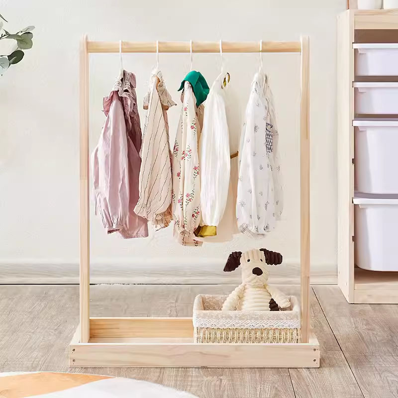 Natural Solid Wood Children Clothes Coat Rack For Kids Hanging Cloth Dress Up Frame Kids Coat floor standing coat rack