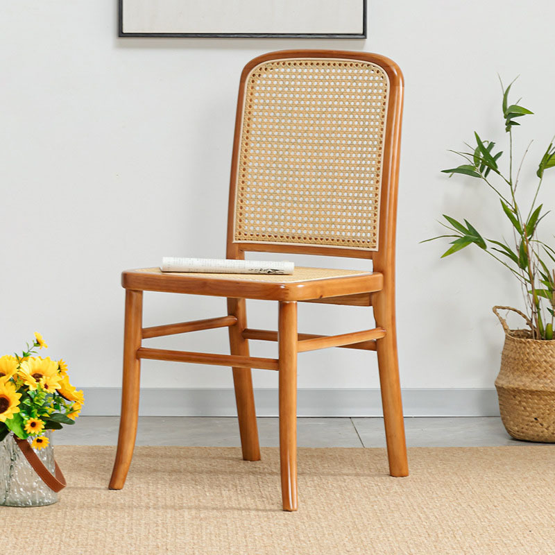 Mid-Century Modern Natural Woven Rattan and Wood Dining Chair Boho Cane Living Room Chairs