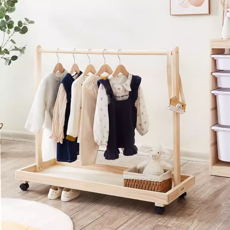 Natural Solid Wood Children Clothes Coat Rack For Kids Hanging Cloth Dress Up Frame Kids Coat floor standing coat rack