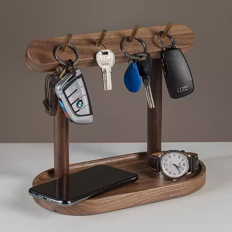 wooden Catchall Tray with 4 Stand Hanging Organizer for Rings Phone Bracelets Watches