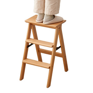 Indoor Folding Stepladder Kitchen Wooden Ladders Small Foot Stools Portable Shoe Bench Flower Rack Folding Wood 3 Step Stool