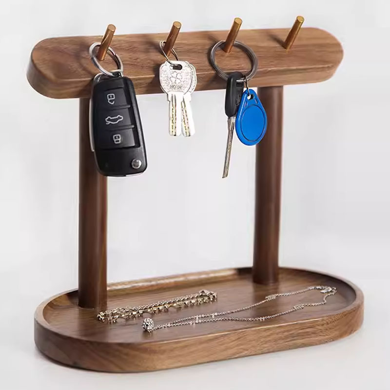 wooden Catchall Tray with 4 Stand Hanging Organizer for Rings Phone Bracelets Watches