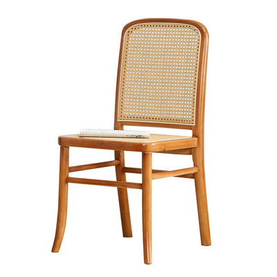 Mid-Century Modern Natural Woven Rattan and Wood Dining Chair Boho Cane Living Room Chairs