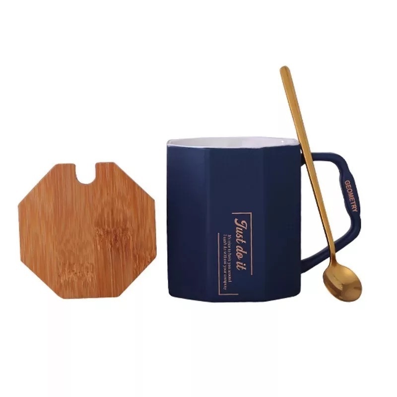 octagon ceramic cup Nordic diamond-shaped mug with bamboo lid spoon coffee cup  new product ideas 2023