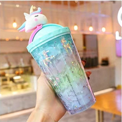 Plastic cups, cute unicorns, portable and simple, double layer crushed ice cups, children's straw cups, large capacity cups