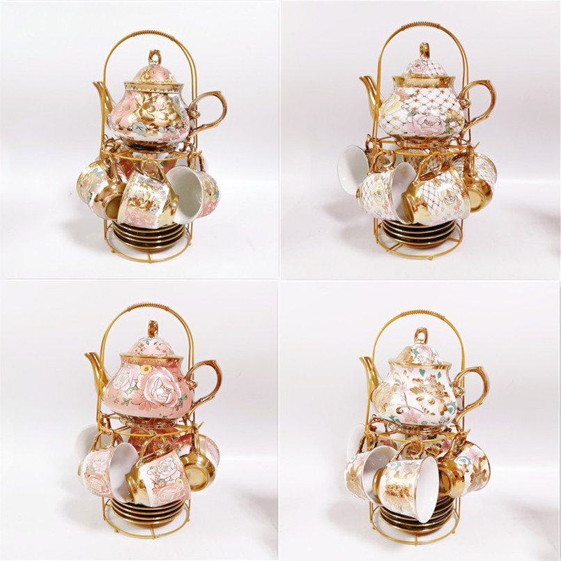 Export European ceramic drinkware coffee and tea sets electric gold plated 13-piece cup and saucer teapot set flower teacup gift