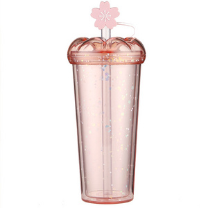 Creative internet celebrity water cup with straw office plastic water cup with lid and handle as souvenir cartoon cup sequins