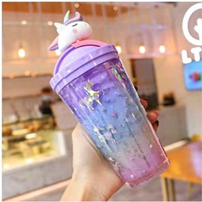 Plastic cups, cute unicorns, portable and simple, double layer crushed ice cups, children's straw cups, large capacity cups