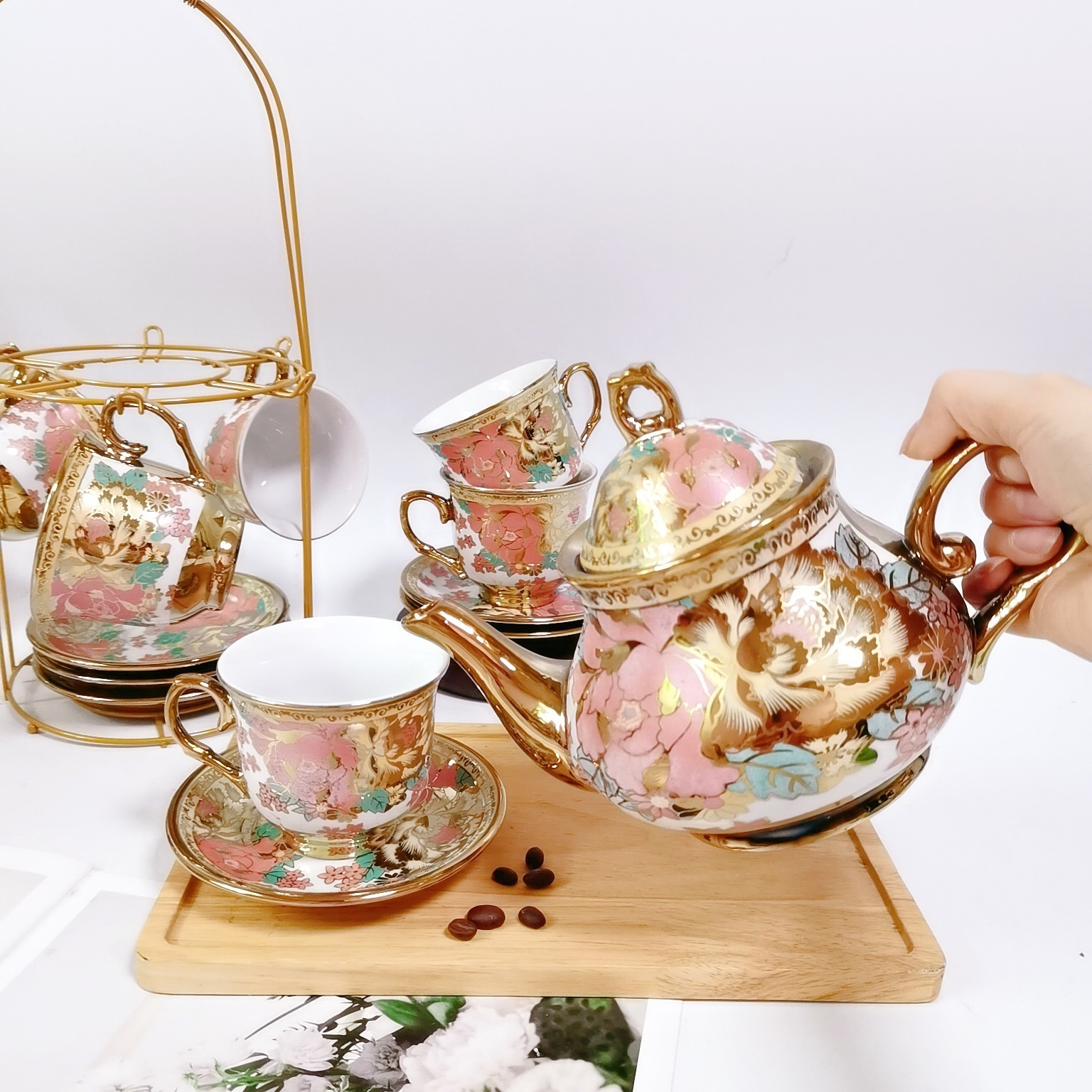 Export European ceramic drinkware coffee and tea sets electric gold plated 13-piece cup and saucer teapot set flower teacup gift