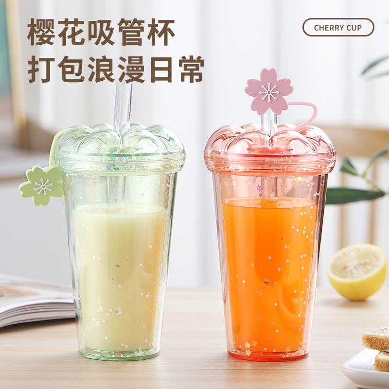 Creative internet celebrity water cup with straw office plastic water cup with lid and handle as souvenir cartoon cup sequins