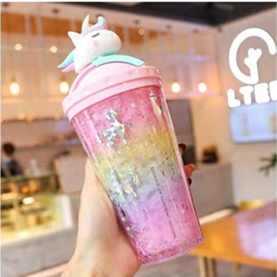 Plastic cups, cute unicorns, portable and simple, double layer crushed ice cups, children's straw cups, large capacity cups