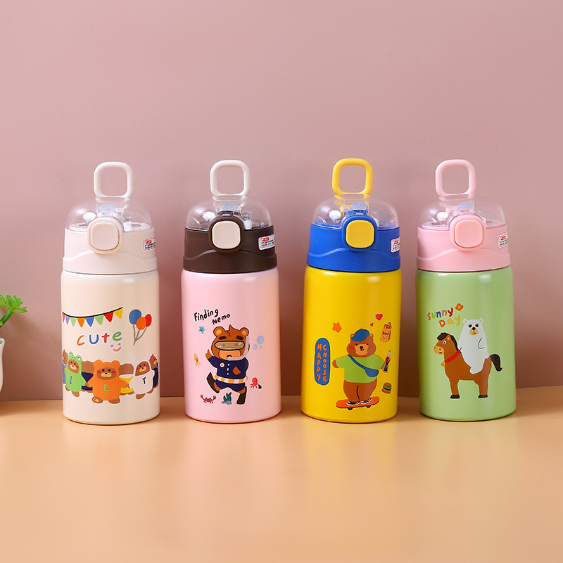 Cartoon cute round cover straight body cup student girl's heart elastic cover straw cup 304 stainless steel drinking cup