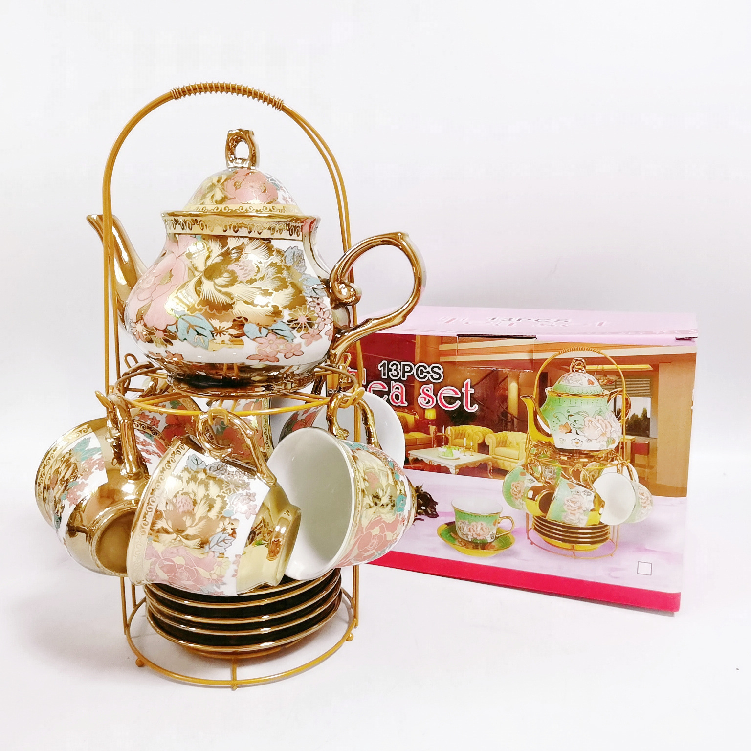 Export European ceramic drinkware coffee and tea sets electric gold plated 13-piece cup and saucer teapot set flower teacup gift