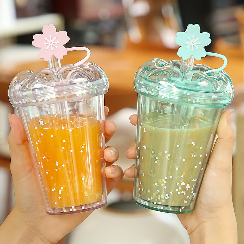 Creative internet celebrity water cup with straw office plastic water cup with lid and handle as souvenir cartoon cup sequins