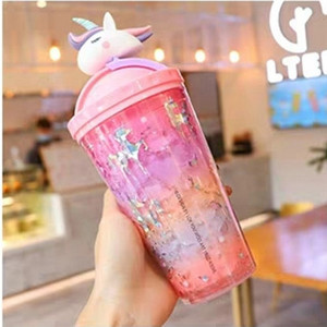 Plastic cups, cute unicorns, portable and simple, double layer crushed ice cups, children's straw cups, large capacity cups