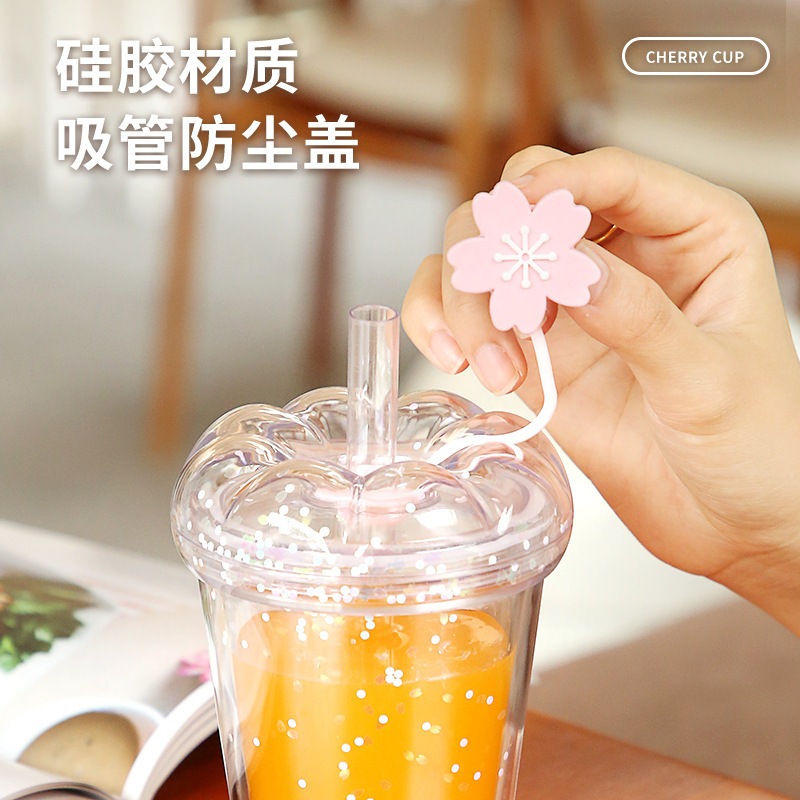 Creative internet celebrity water cup with straw office plastic water cup with lid and handle as souvenir cartoon cup sequins