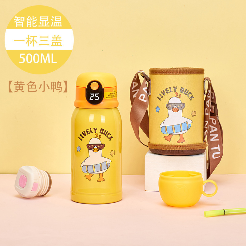 Stainless steel smart display temperature children's thermos mug student straw cup duckling creative cartoon cup kettle