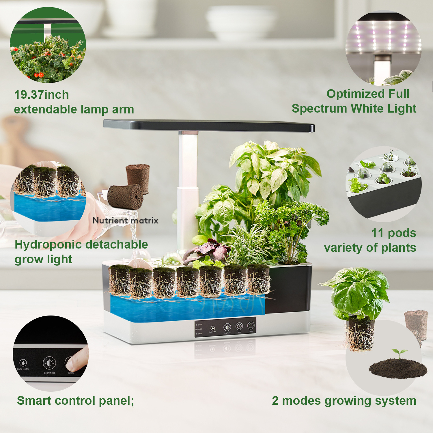 J&C indoor gardening system microgreen growing system indoor garden hydroponic smart included LED grow light and growing trays