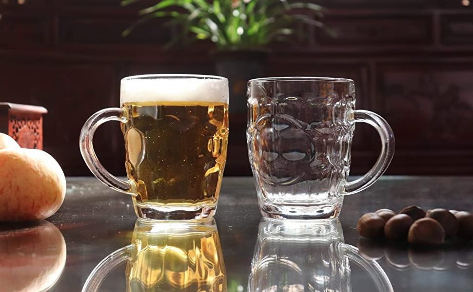 Dimple Beer Mug Set of 2-20 Ounce Heavy British Pub Thick Glass with Handle - Stein Cup for Beer Lover at Home Party BBQ