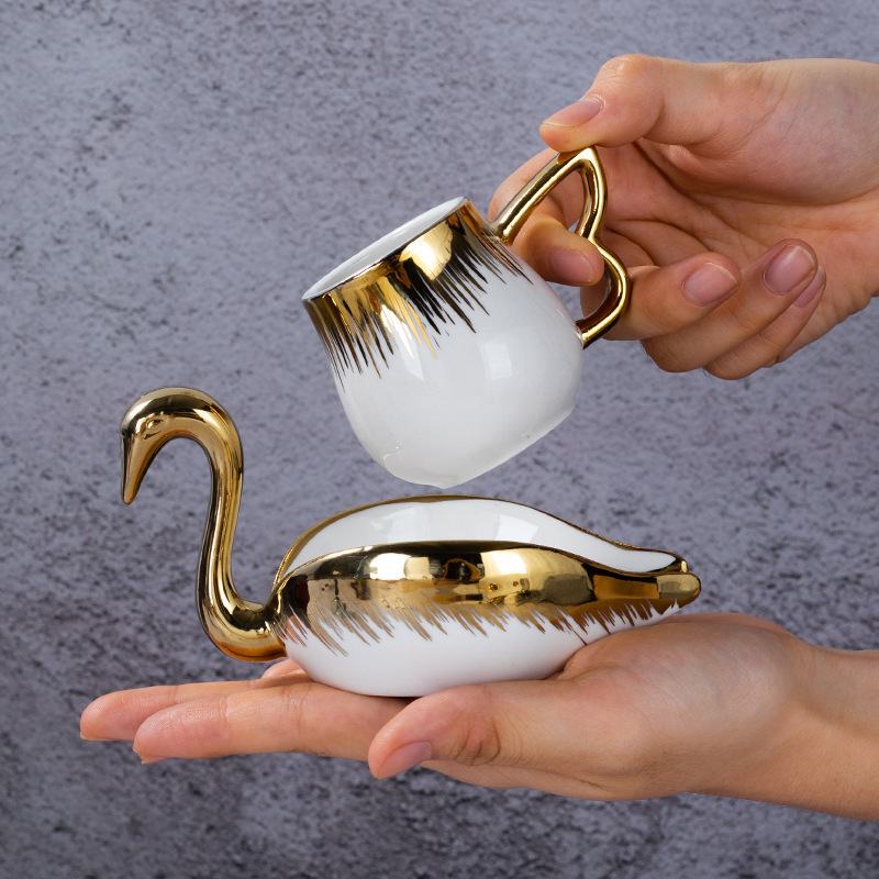 Hot Selling Colorful Luxury Porcelain Tea Saucer And Cup 12pcs Ceramic Swan Shaped 100ML Coffee Cup Set With Gold Rim