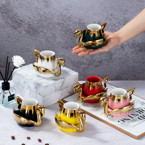 Hot Selling Colorful Luxury Porcelain Tea Saucer And Cup 12pcs Ceramic Swan Shaped 100ML Coffee Cup Set With Gold Rim