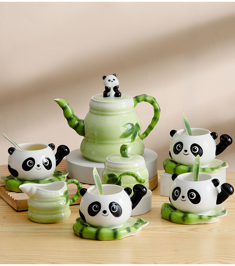 13~15 PCSLuxury Gift Chinese style panda tea set 3D ceramic coffee mug with saucer set