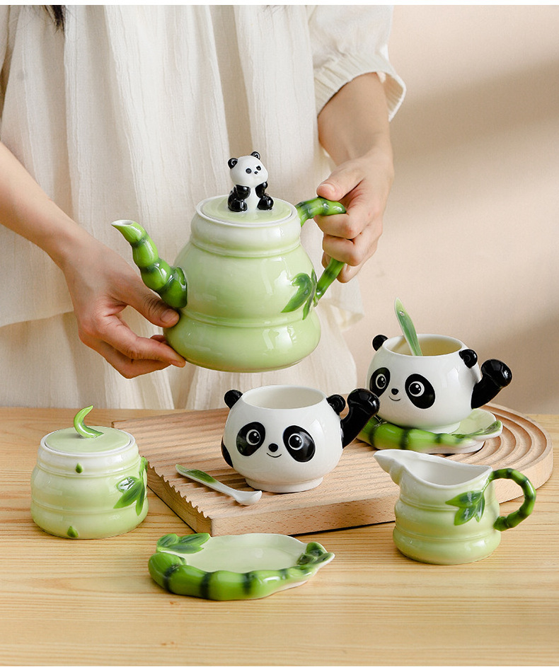 13~15 PCSLuxury Gift Chinese style panda tea set 3D ceramic coffee mug with saucer set