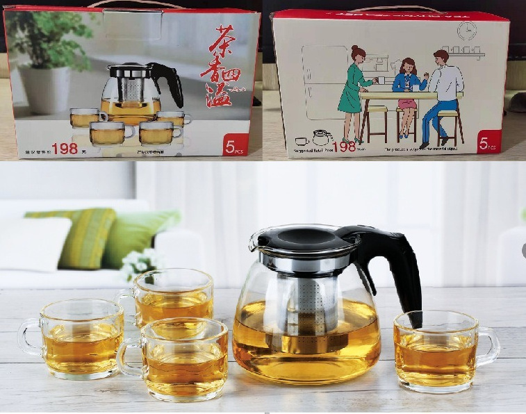 Five piece set of glass flower tea pot for health preservation, large capacity household filter manufacturer wholesale tea pot