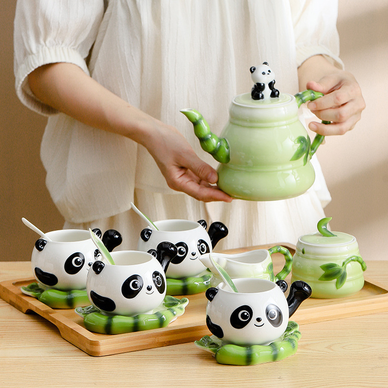 13~15 PCSLuxury Gift Chinese style panda tea set 3D ceramic coffee mug with saucer set