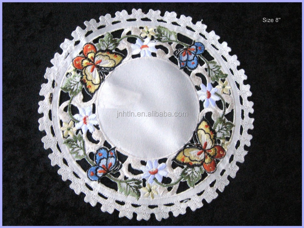 Round Embroidered Doily or Placemat flower or butterfly style 12 Inches