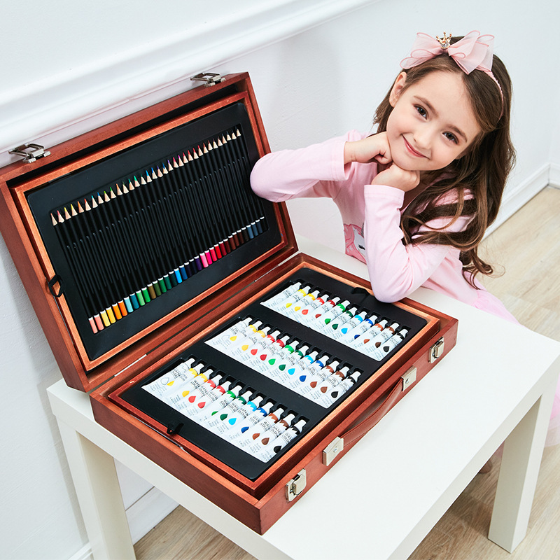 Customized Professional Kids Art Supplies Wooden Box Drawing Painting Set With Acrylic Paints Crayons Colored Pencils Kit