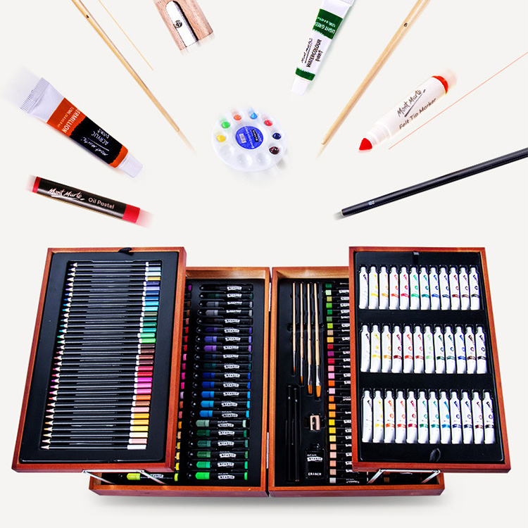 Customized Professional Kids Art Supplies Wooden Box Drawing Painting Set With Acrylic Paints Crayons Colored Pencils Kit