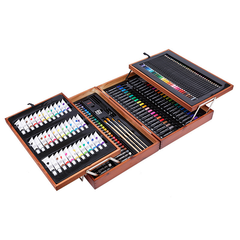 Customized Professional Kids Art Supplies Wooden Box Drawing Painting Set With Acrylic Paints Crayons Colored Pencils Kit