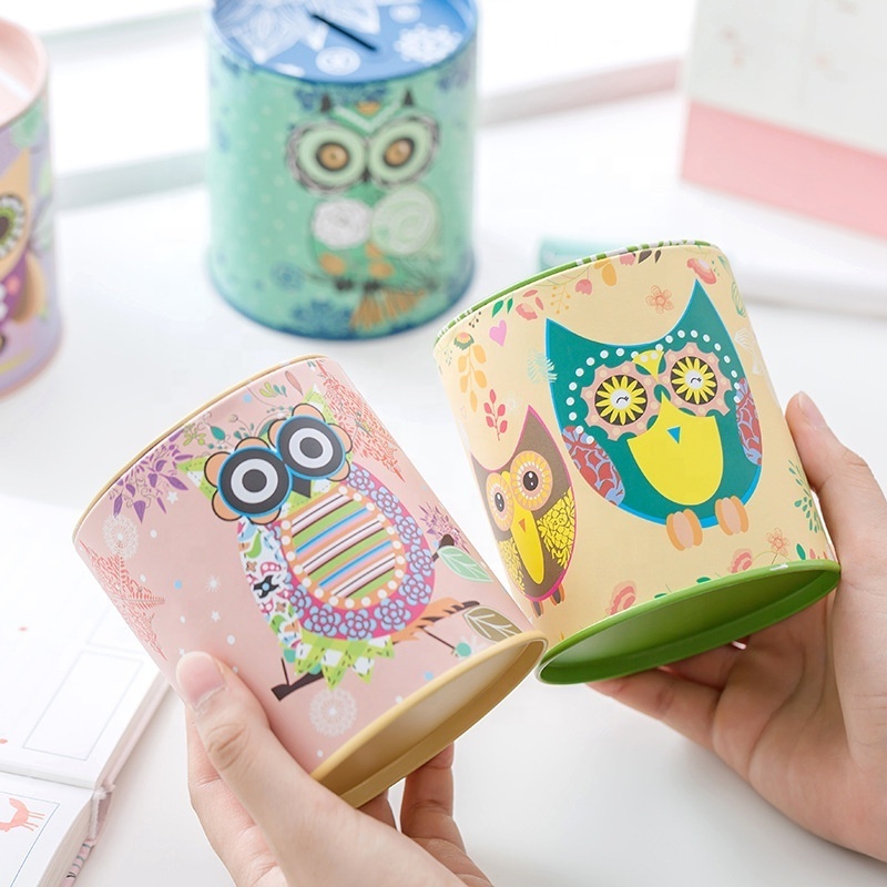 Promotional Custom Gift Owl Metal Tin Can Safe Money Box Saving Money Alcancias Coin Bank Piggy Bank for Kids