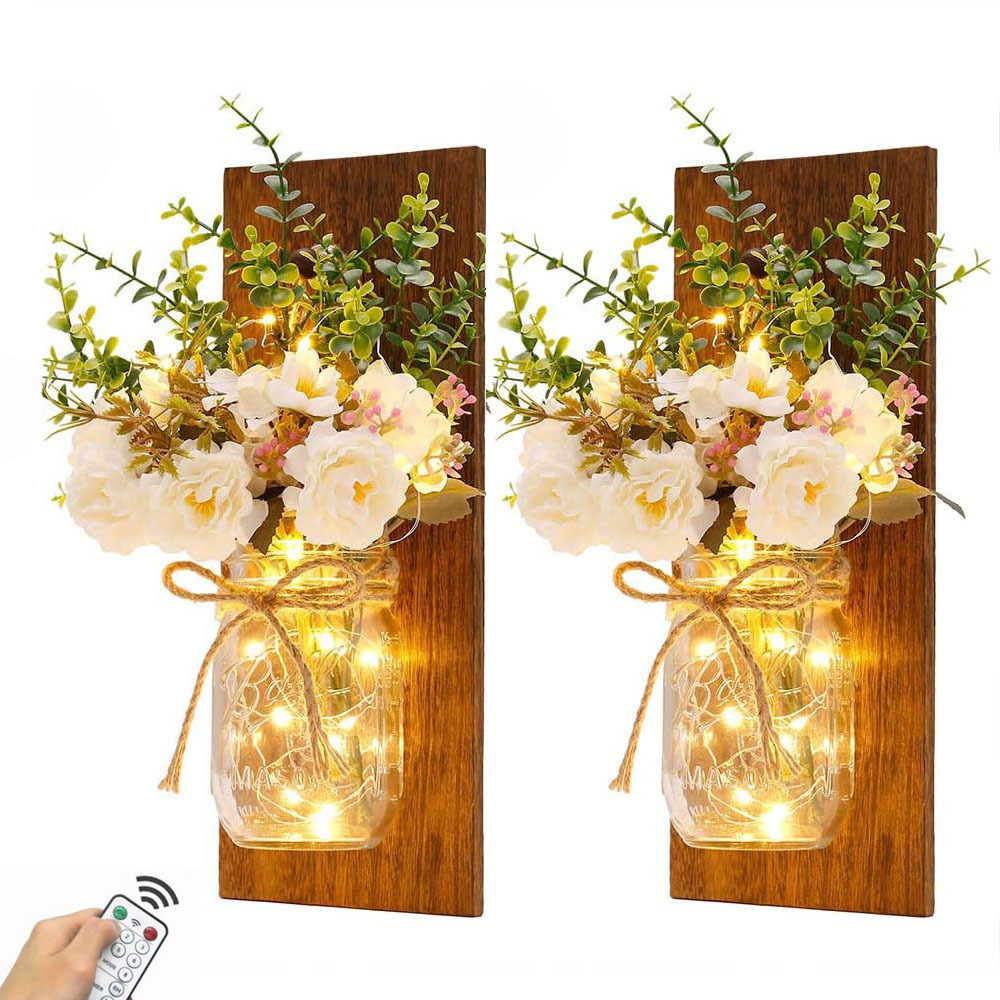 Remote Control LED Light Mason Jar Sconces Handmade Wall Art Hanging Design Christmas Home Decor for New Year Gift