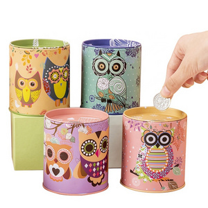 Promotional Custom Gift Owl Metal Tin Can Safe Money Box Saving Money Alcancias Coin Bank Piggy Bank for Kids