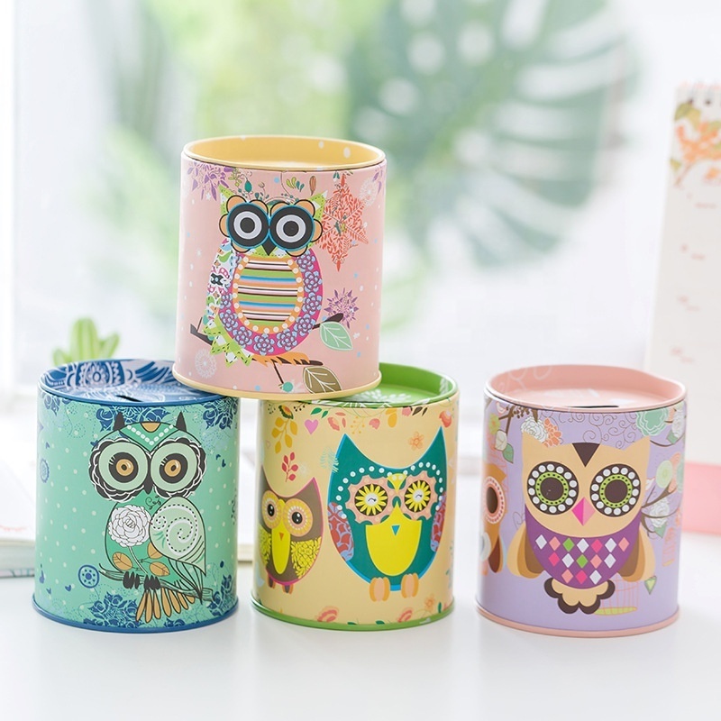 Promotional Custom Gift Owl Metal Tin Can Safe Money Box Saving Money Alcancias Coin Bank Piggy Bank for Kids