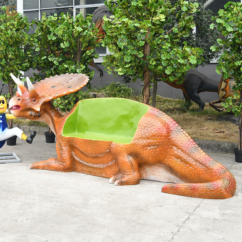 SGSR31 Outdoor lifelike fiberglass dinosaur bench Triceratops statue bench for park decoration