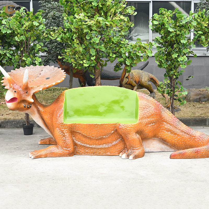 SGSR31 Outdoor lifelike fiberglass dinosaur bench Triceratops statue bench for park decoration