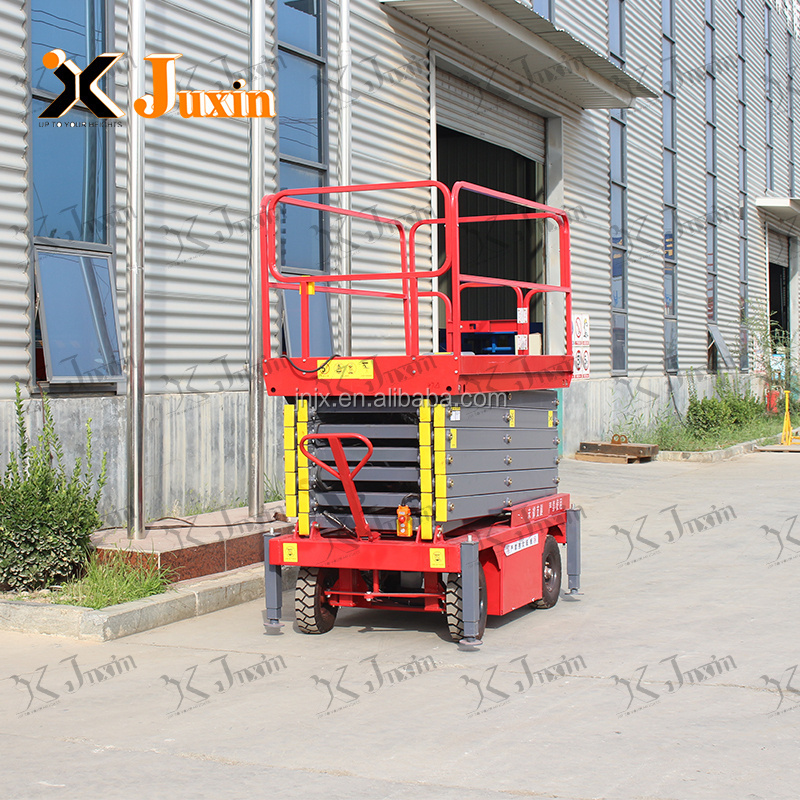 JUXIN 4m 6m 8m mobile mini manual scissor  lift platform working platform diesel engine 4 support legs