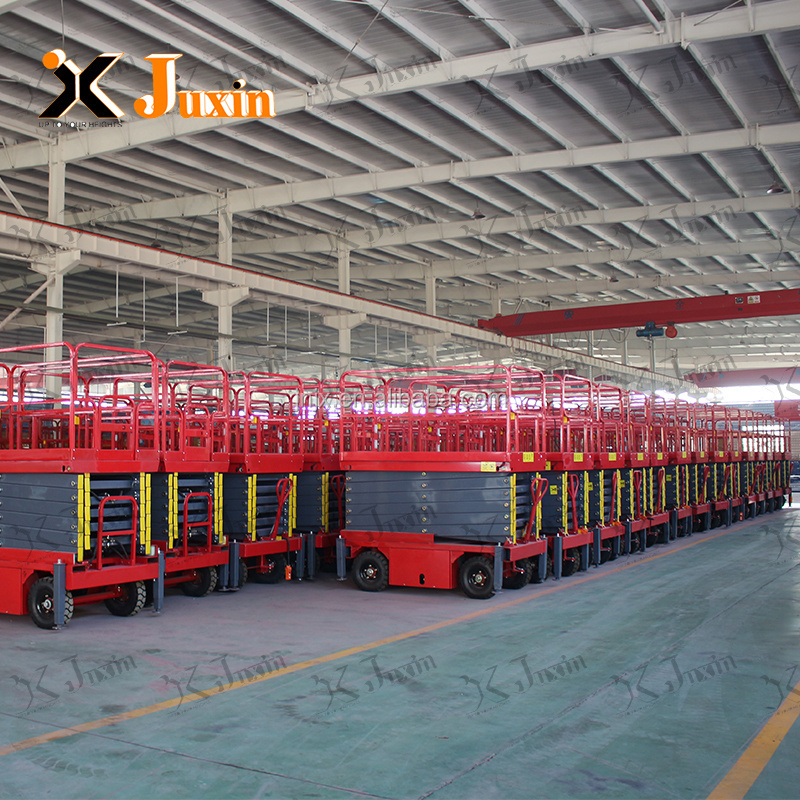 JUXIN 4m 6m 8m mobile mini manual scissor  lift platform working platform diesel engine 4 support legs