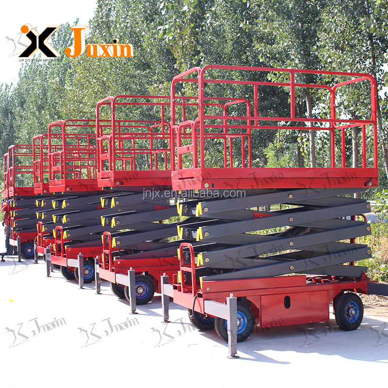 JUXIN 4m 6m 8m mobile mini manual scissor  lift platform working platform diesel engine 4 support legs