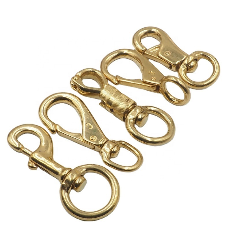 Pet hardware dog leashes solid brass spring loaded snap clasp clip brass rotating round eye bolt snap hook for leather bag