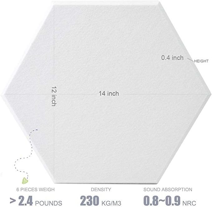 Hexagon polyester Acoustic Panels White Art Decor Sound Proof Padding Wall Tiles Beveled Edge 6 Pack