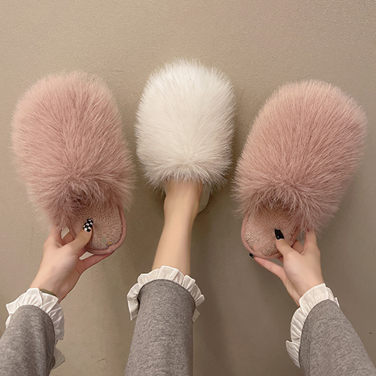 Ladies Luxury Fashion Fur Slides House Fluffy Furry Sleepers Big Fur Slippers for Women Indoor