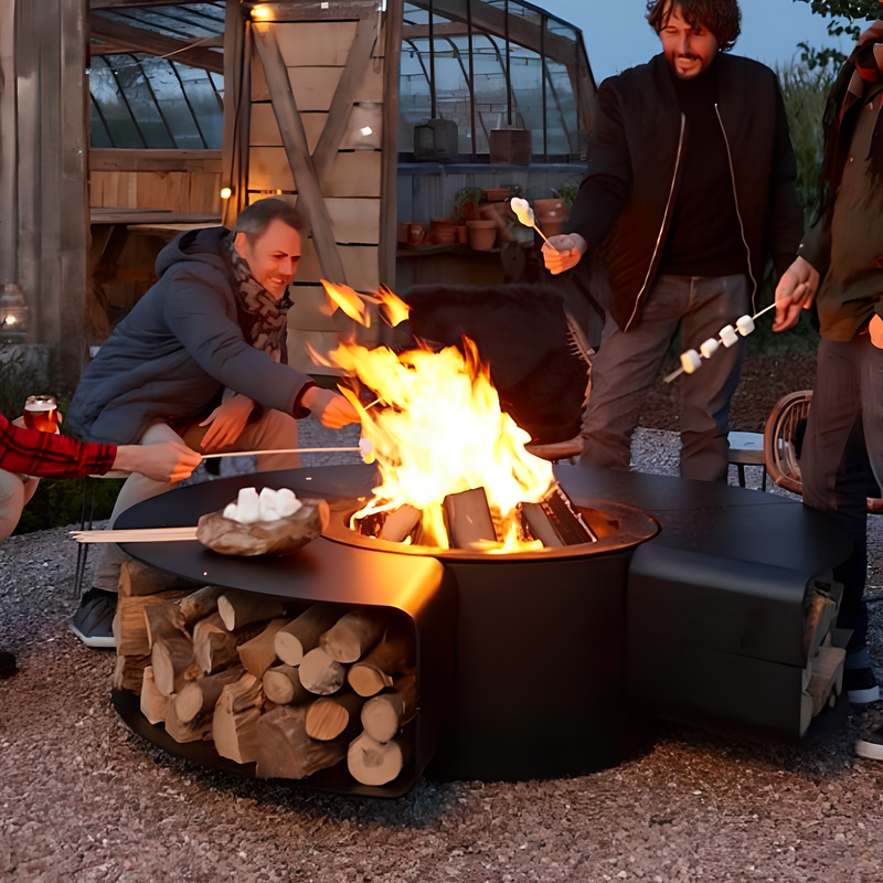 Corten Metal Round Fire Pit Table with Seating - Smokeless Outdoor Elegance