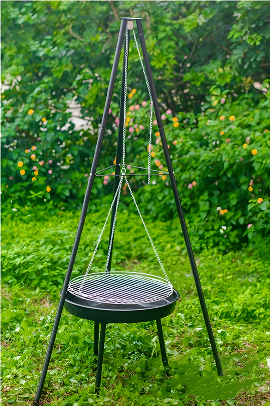 Outdoor Cooking with a Swivel Hanging Charcoal BBQ Grill on Adjustable Tripod for Garden and Camping